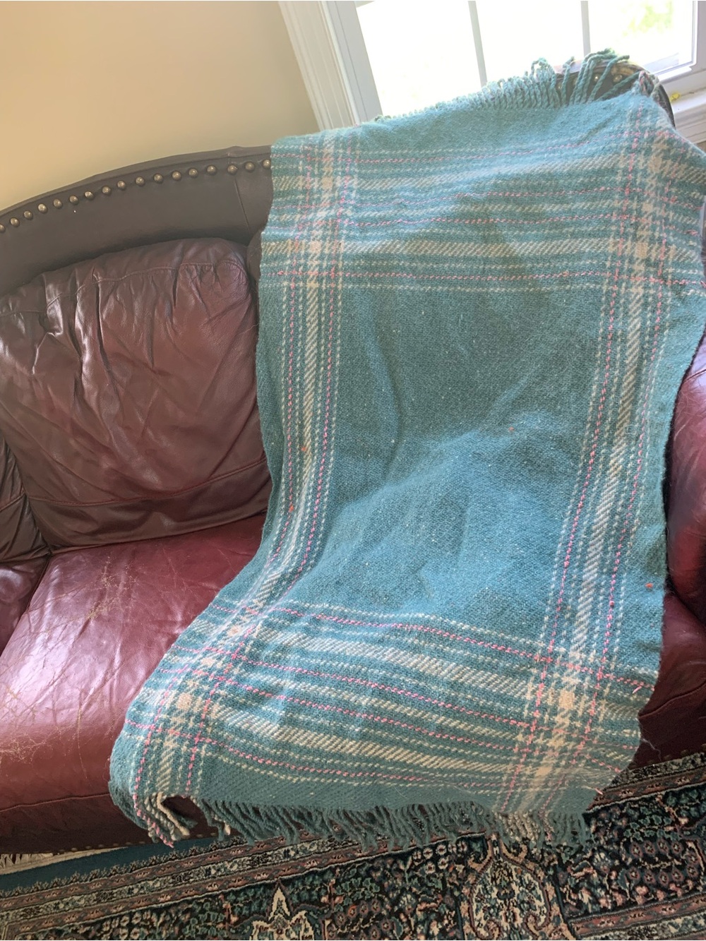 Vintage Plaid Wool Throw Blanket Teal Pink White Fringe Accent Wrap 71x36 Woven